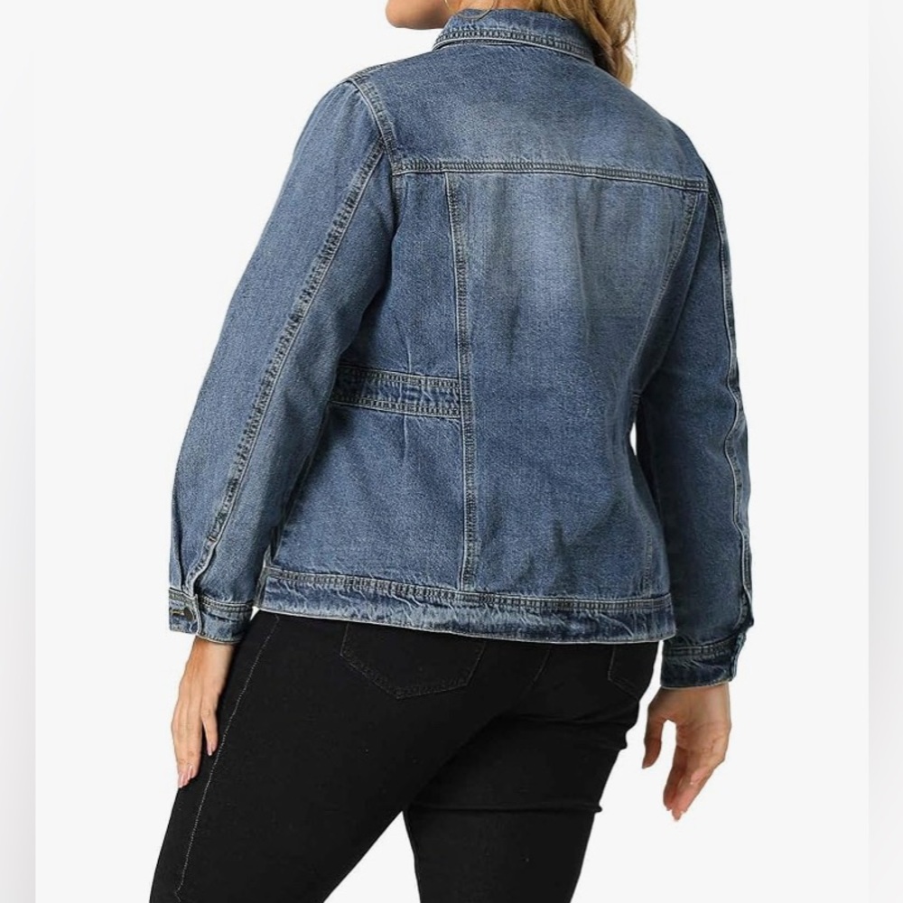 Agnes Orinda Plus Size Fashion Outerwear Long Sleeve Button Denim Jacket, Blue - Picture 4 of 9